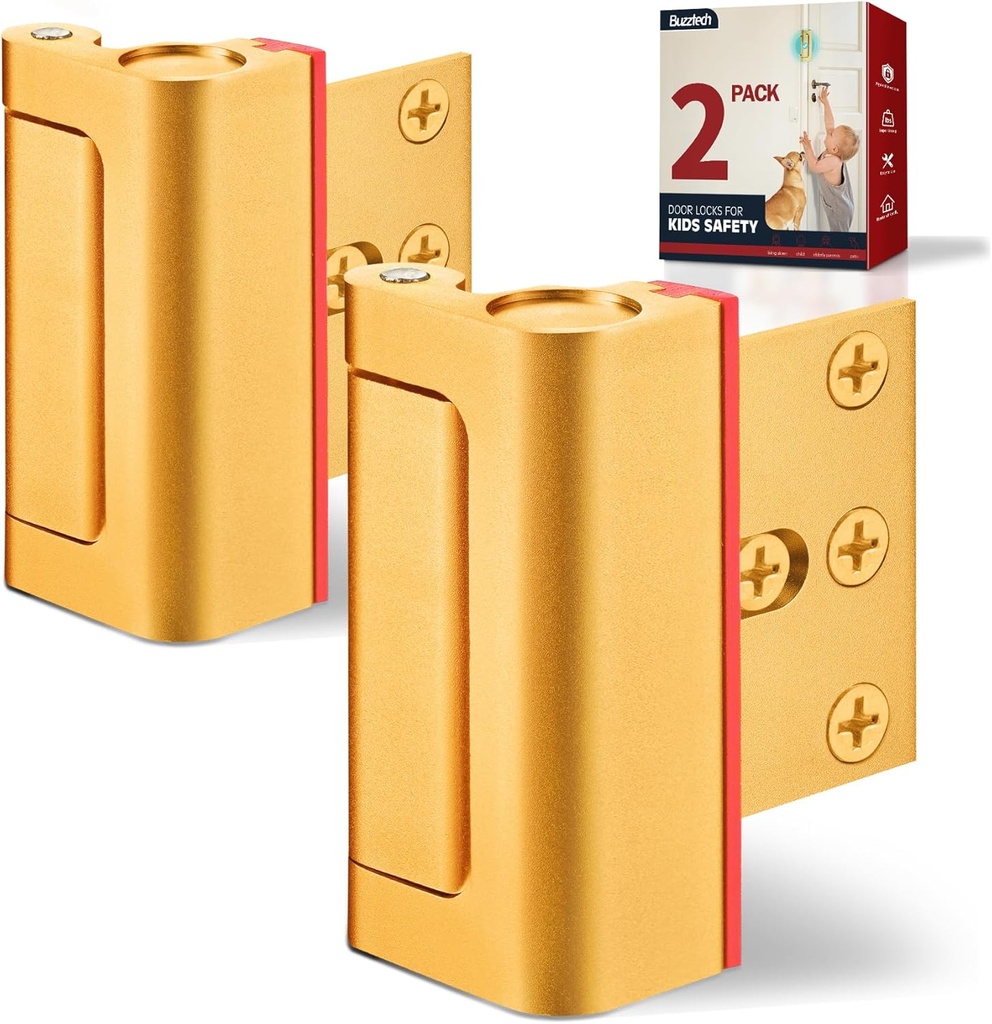 2 Pack Home Security Door Reinforcement Lock for Top of Door Gold, Child Proof Door Latches for Front & Kids Safety, Security Door Locks from Inside for Toddlers, Add Extra Security Withstand 800 Lbs