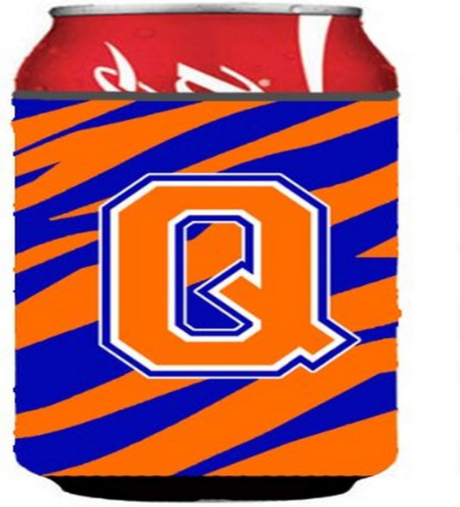 Caroline's Treasures CJ1023-QCC Letter Q Initial Tiger Stripe - Blue Orange Can or Bottle Hugger Cooler Washable Drink Sleeve Collapsible Beverage Insulated Holder, Can Hugger, Multicolor