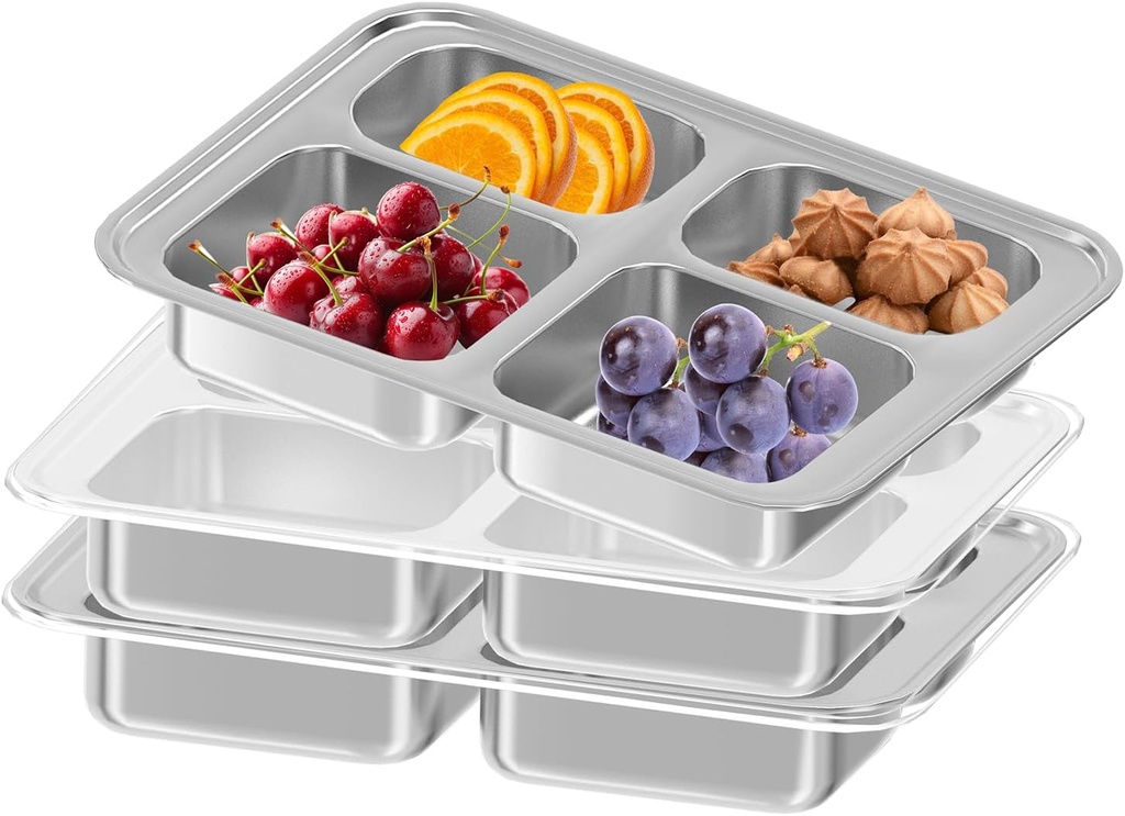 3 PCS Stainless Steel Snack Containers with Clear Lids, Reusable 4 Compartments Lunch Box Divided Food Storage Containers for Home Meal Prep Work Travel Camping Road Trip