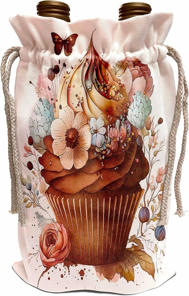 3dRose Pretty Chocolate Cupcake and Flower Illustration - Wine Bags (wbg-381366-1)