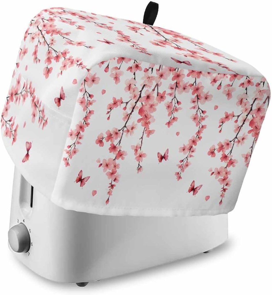 Cherry Blossoms Toaster Cover 4 Slice, Kitchen Appliance Covers with Pocket & Loop, Spring Botanical Flowers Watercolor Polyester Bread Machine Covers Dust & Fingerprint Protection