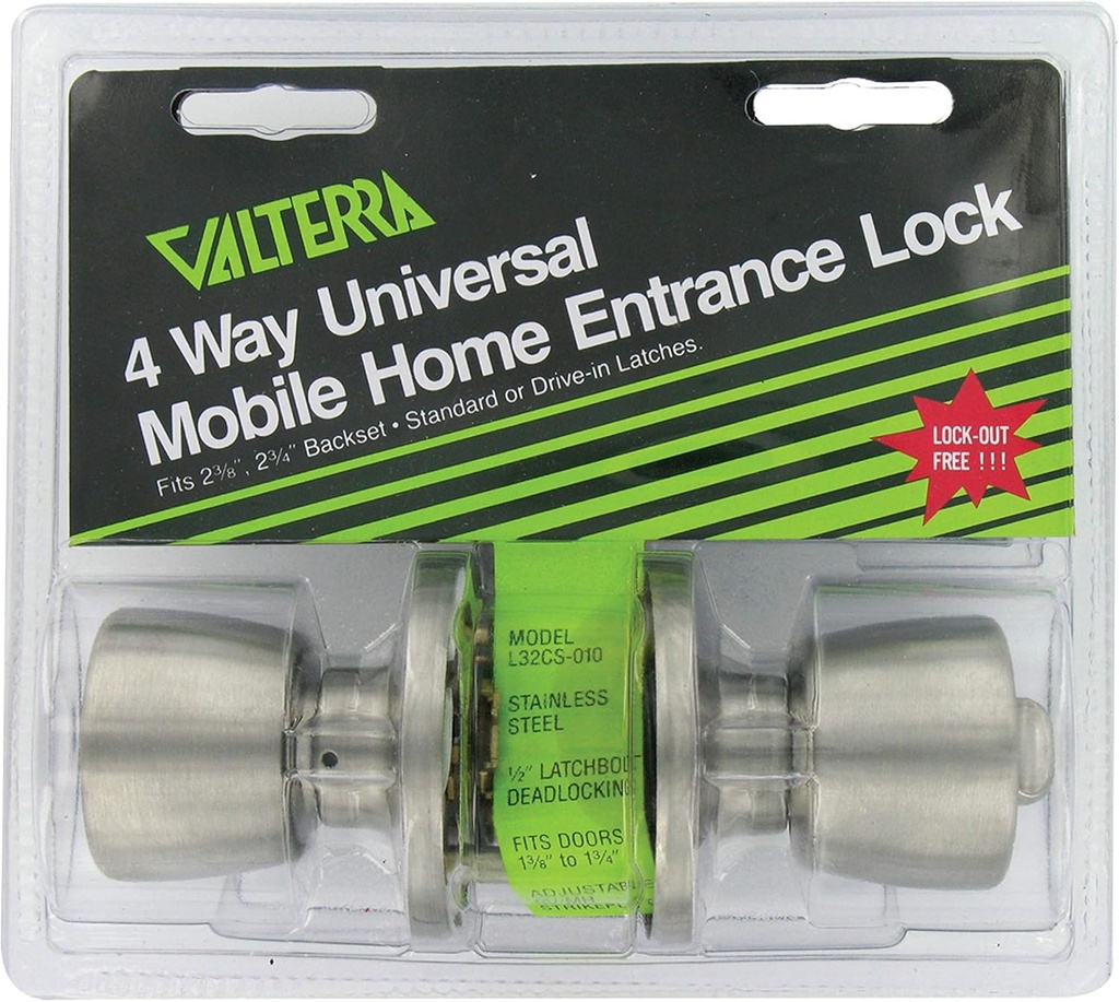 VALTERRA L32CS010 Stainless Steel Mobile Home Entrance Lock - Knob x Knob,Silver
