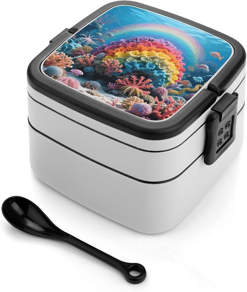 Rainbow Coral Reef Bento Box Adult Lunch Box,Stackable Bento Lunch Box Containers for Women/Men with Compartments(33oz),Snack Containers with 1spoon,Leak-Proof Lunchbox