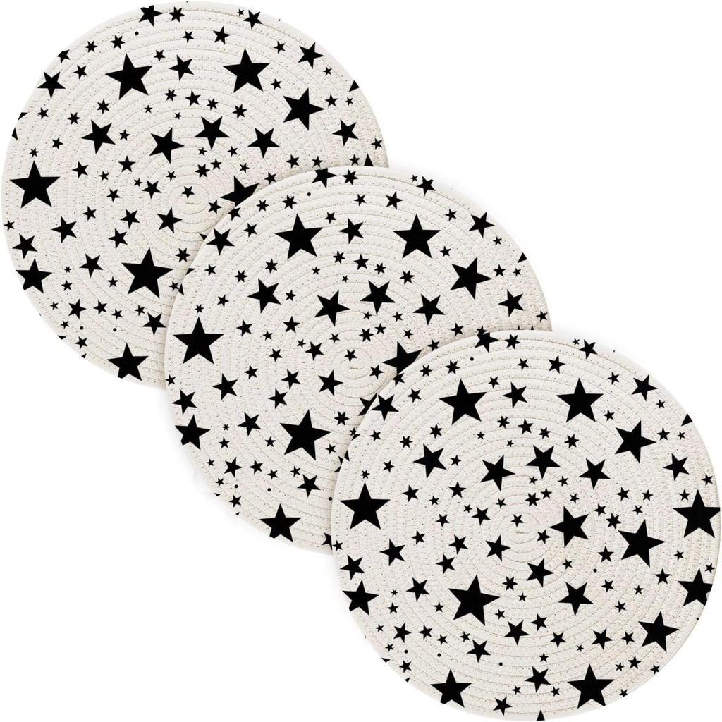 3 Pcs Trivet for Hot Pots and Pans 15in Cotton Thread Weave Heat Resistant Pot Mat for Crock Pot Protecting Table Black and White Stars