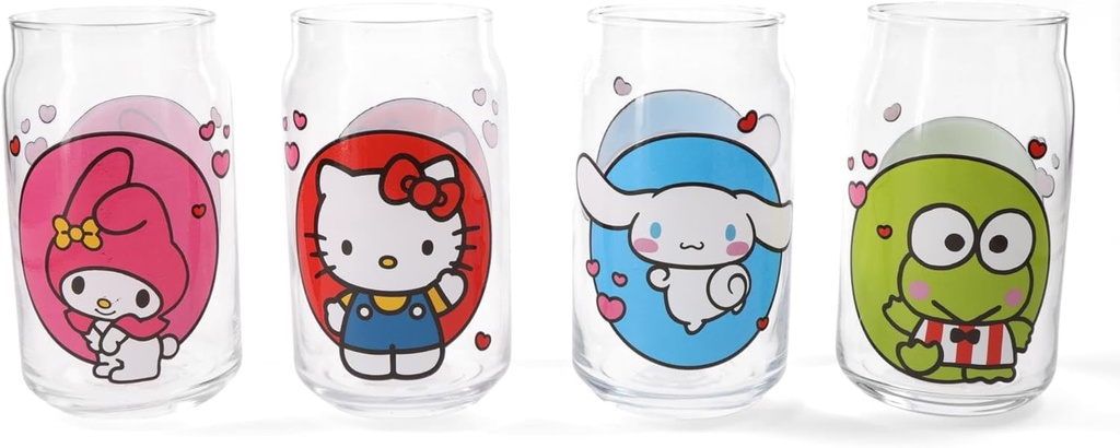 Silver Buffalo Sanrio Hello Kitty and Friends 4-Piece Drinking Glass Set For Soft Drinks, Iced Tea, Beverages | Each Holds 16 Ounces