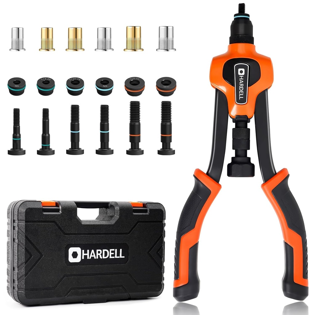 HARDELL Rivet Nut Tool Kit, 14" Rivnut Tool Kit with 80PCS Rivet Nuts, 6 Metric & Inch Mandrels M6, M8, M10, 1/4-20, 5/16-18, 3/8-16 and Rugged Carrying Case