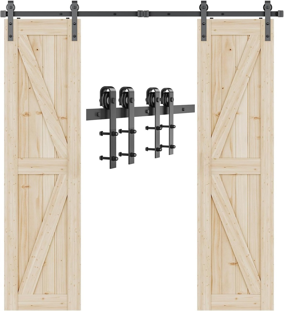 Signstek 10 FT Double Sliding Barn Door Hardware Track Kit, Wood Slab Use, for Garage, Kitchen, Bedroom, Fit 30'' Wide Door Panel-Smoothly and Quitely-Easy to Install (J Shape Hanger)