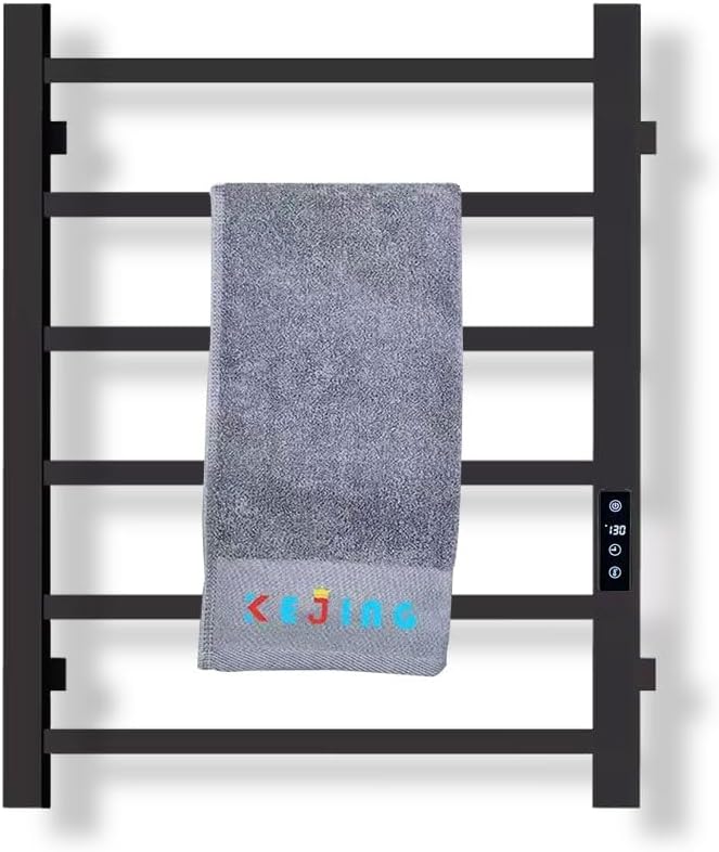 Towel Warmer Heated Towel Rack Bathroom Towel Rack Wall Mount Plug-in/ 6 Bar Square Tube Bath Towel Heater (Matt Black- Timer)