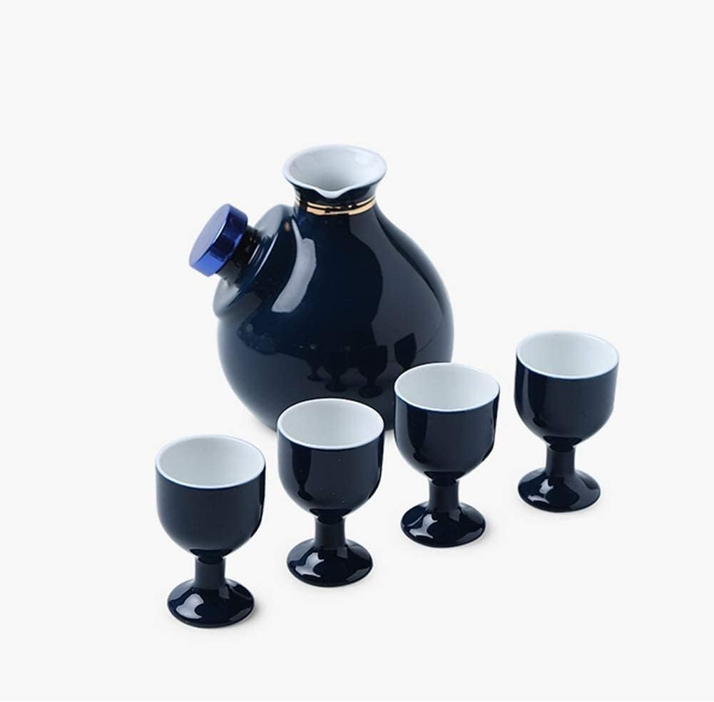 Refineness Sake Set, Japanese Style Pottery 5 Pieces Set Chinese Style Porcelain Hand Painted Traditional Retro Crafts Sake Pot/K Blue/One Size(K Blue)