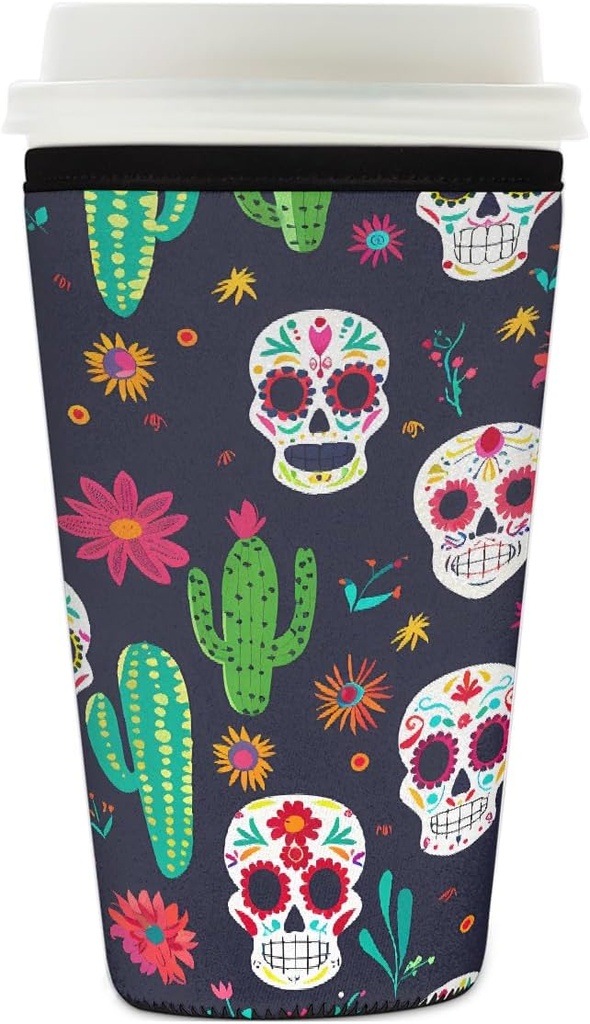 Mexican Sugar Skulls Cactus Flower Reusable Iced Coffee Sleeve Neoprene Insulated Drink Holder, Washable Anti-Slip Cold Cup Sleeve for Tumblers Bottles Glasses 26-28oz