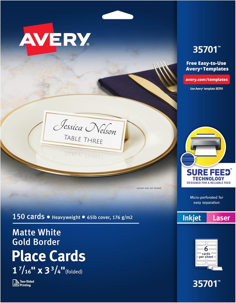 Avery Printable Place Cards with Sure Feed Technology, 1-7/16" x 3-3/4", White with Gold Border, 150 Blank Tent Cards for Laser or Inkjet Printers (35701)