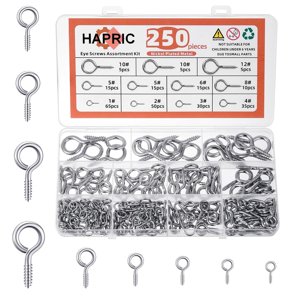 250 Pcs Eye Hook Screw, Screw Eyes 0.75"-1.75" Christmas Tree Stand Screws Eye Bolts 9 Size Heavy Duty Eyelet Screw Nickel Plated Self Tapping Screws for Picture Frame