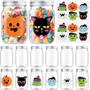 JAPBOR Halloween Candy Jars Containers - 14PCS Halloween Small Plastic Cookie Candy Jar with Lid Pumpkin Ghost Sticker Decoration, DIY Sugar Storage Dish Craft, Party Favor Gift Bottle Decor