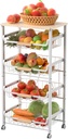 JAQ Fruit Basket for Kitchen, 5-Tier Slide Out Storage Baskets Carts Organizers Drawers with Wood Top Table with Rolling Wheels for Snacks Vegetables Vianderos Para Cocina Modernos (White, 5 Layer)
