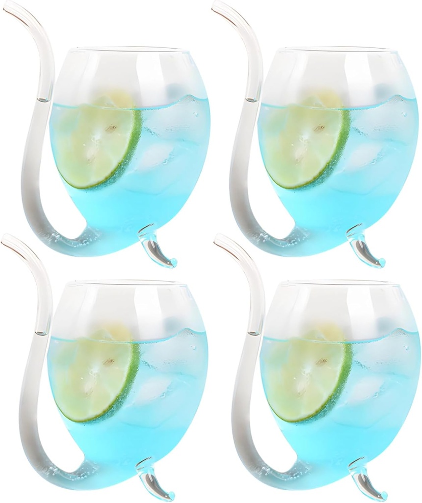 Four Halloween Wine Glass Set, Unique Vampire Design, Curved Glass Straw, Great for Party Use and Gifts, Glass