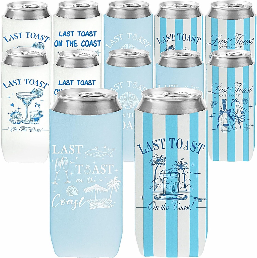 Last Toast On The Coast Bachelorette Can Coolers - 12 Pcs Slim Bachelorette Insulated Beer Cans Sleeves Bachelor Party Decorations for Bridesmaids Bridal Shower Beach Wedding Party Favors Gifts
