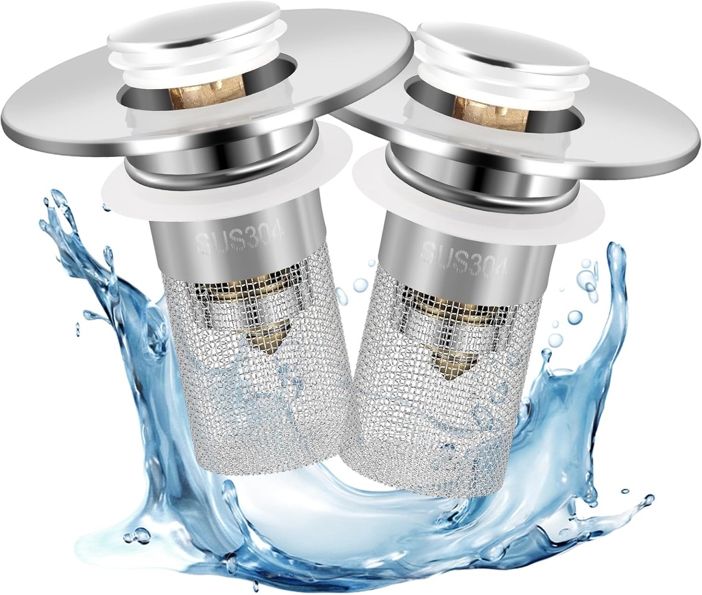 2 Pack Bathroom Sink Drain Strainer, 2 in 1 Pop Up Bathroom Sink Stopper with Hair Catcher Basket for 1~1.5 Inch Drain Holes, Universal Wash Basin Stopper Sink Drain Filter Anti-Clogging