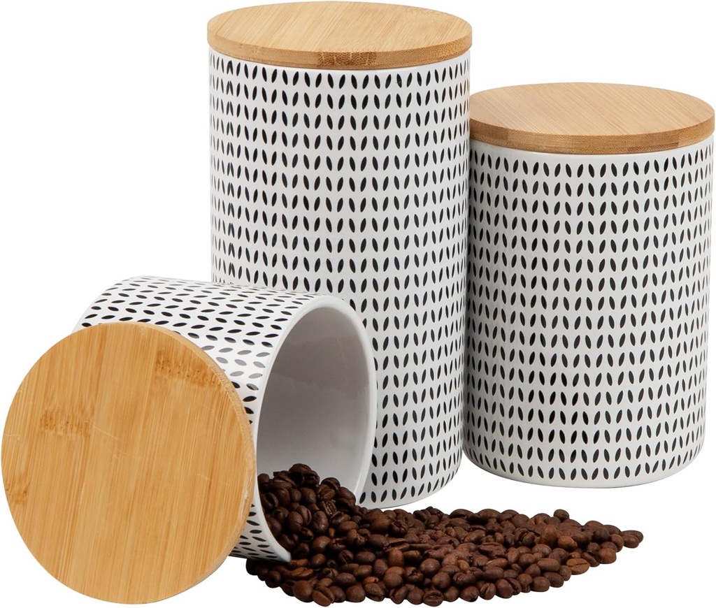 Mind Reader 3-Piece Canister Set, Sugar Container, Coffee Storage, Lids, Kitchen, Ceramic, 4"L x 4"W x 7"H, Black and White