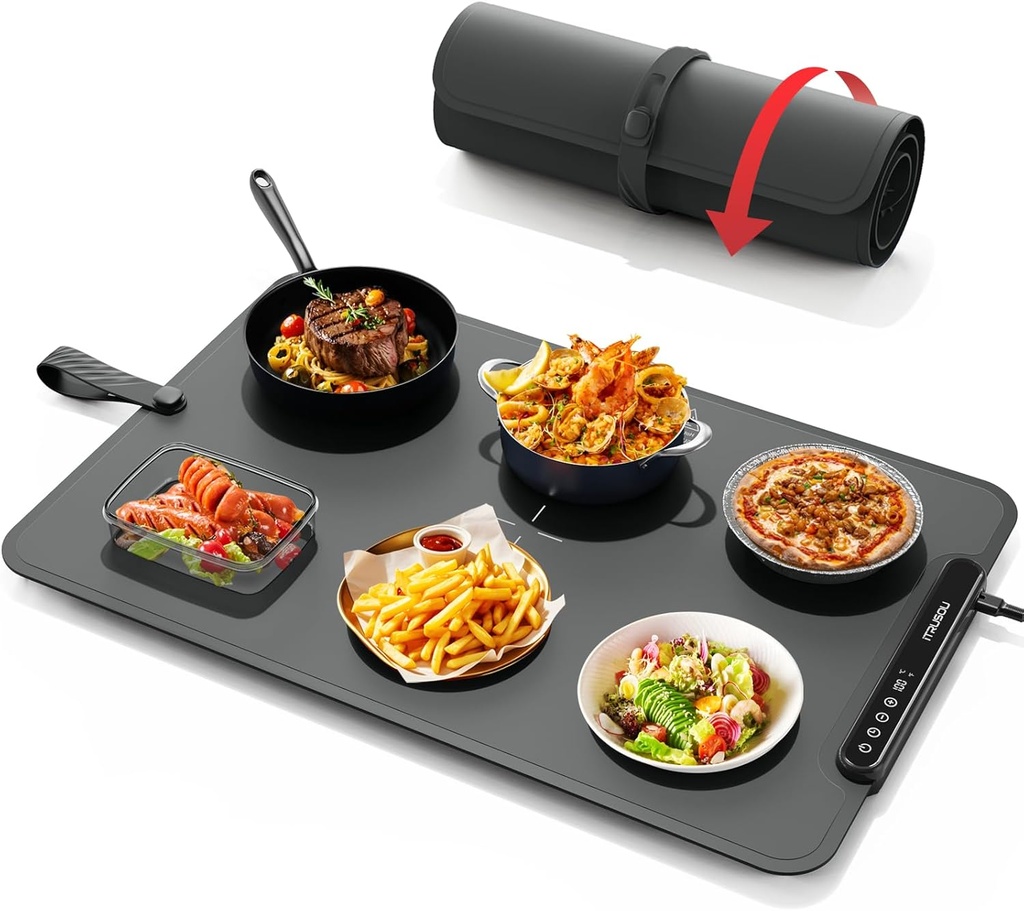 Warming Mat for Food, iTRUSOU Electric Warming Tray 99H Continuous Heat,7 Temp Settings,Patented Full-Surface Heating,°F/°C Switch,Flexible Roll-Up Food Warmers for Parties Buffet,Everyday Use