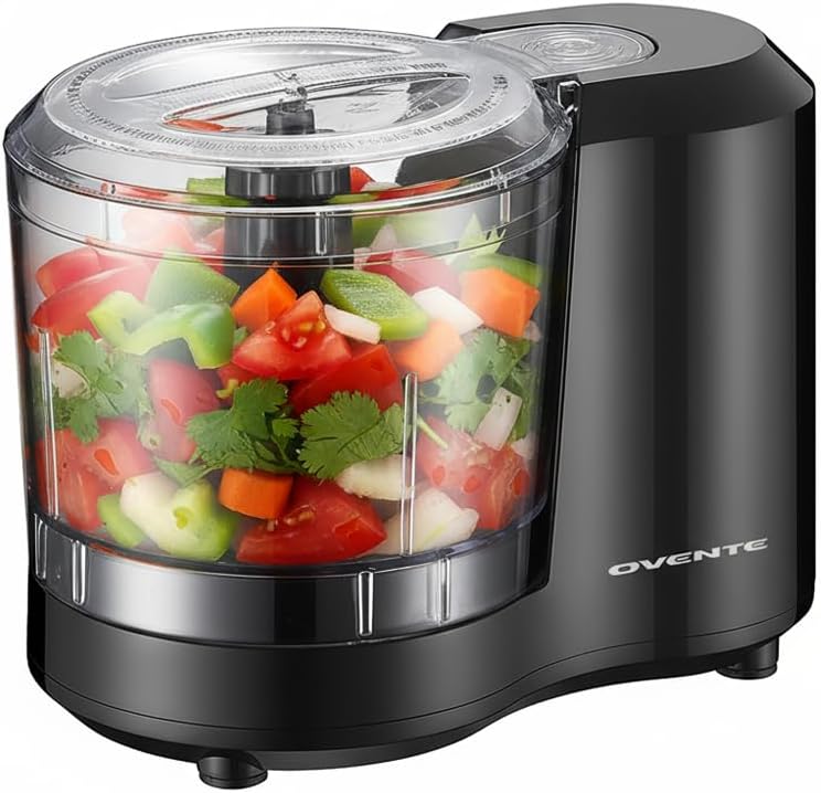 OVENTE 1.5-Cup Electric Food Chopper, 100W Food Processor with One-Touch Control and Stainless Steel Blade Ideal for Slicing Vegetable, Grinding, Shredding, Mincing, Puree and Meal Prep, Black PF1515B