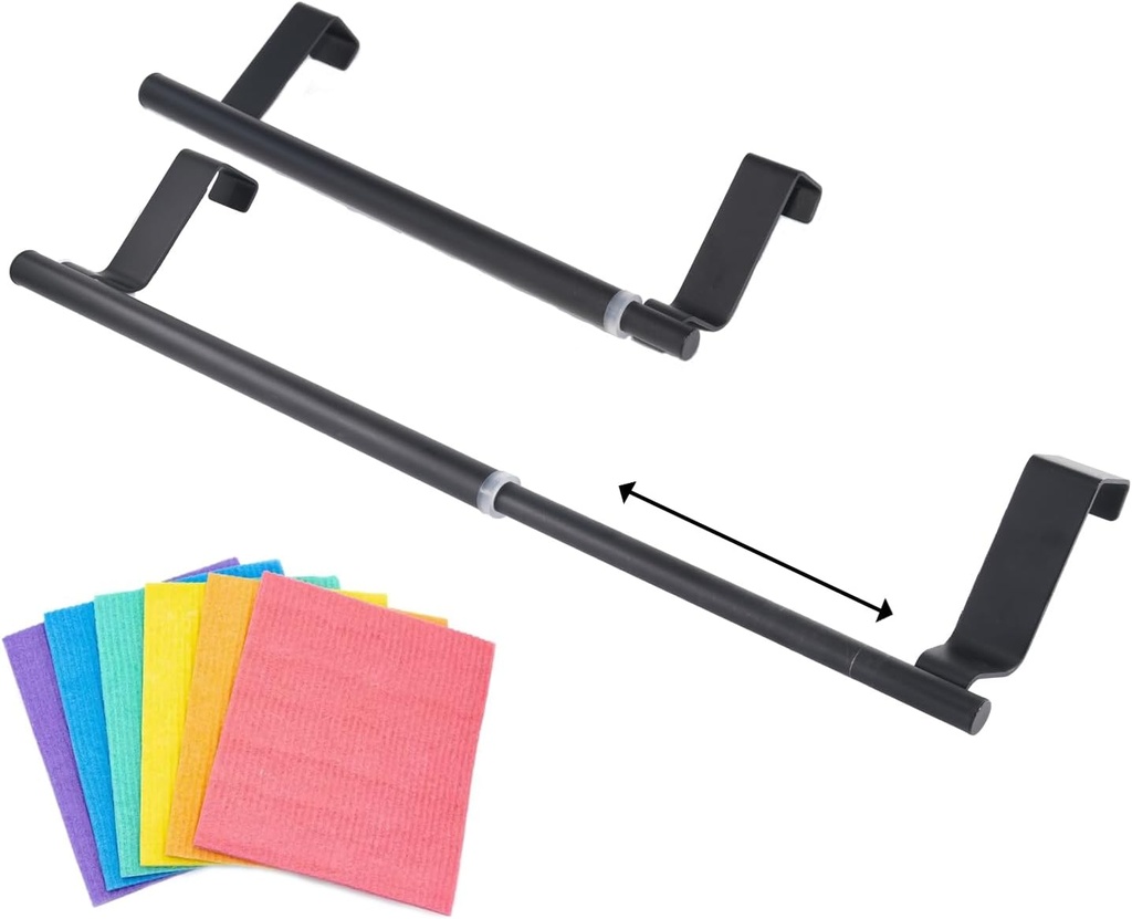 Swedish Dishcloth Holder with EVA Pad,Retractable Space Saving Swedish Dishcloth Hanger Over Cabinet Door,Hole Free,L8.8-14.4*W2.7Inch,Black,1PC
