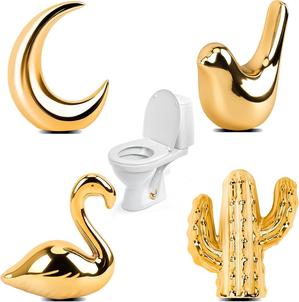 4Pcs Toilet Bolt Covers Decorative Ceramic Cute Bird Covers Replacement Toilet Screw Cover Caps Animal Commode Screw Plug for Decor Bathroom Accessories Bolt with Swan, Cactus, Bird, Moon Shapes(Gold)