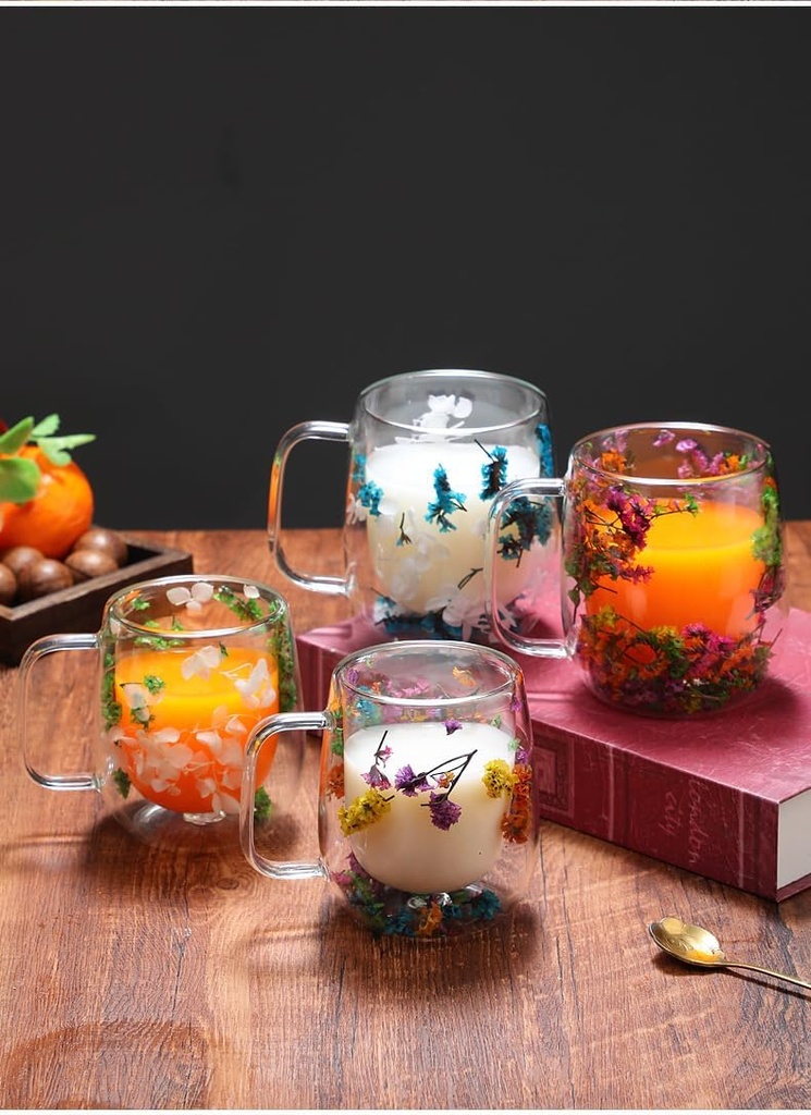SUQ I OME Double Layer Glass Flower Tea Cups,Glass Coffee Mugs, Insulated Layer Flowers Coffee Cup, Clear Cups with Dried Flower (Blue)