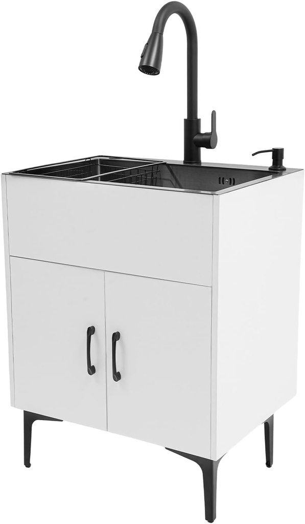 Laundry Sink Cabinet with Pull-Out Faucet, Stainless Steel Freestanding Utility Room Sink with Cabinet Utility Tub for Bathroom Laundry Room Kitchen (23.62x17.72in White)