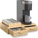 Bamboo K-Cup Pods Holder Organizer 60 Pod Capacity with 2 Sliding Drawers & 2 Coffee Pod Holder Inserts,Tea Bag Storage Box for Home, Office & Kitchen Countertop (15.5"Wx11.8"Dx3.3"H)