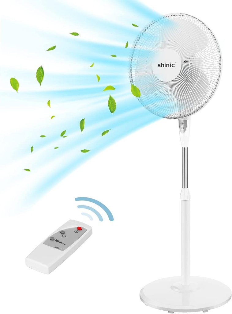shinic 16-Inch Oscillating Pedestal Fan with Remote Control, 3-Speed Quiet Operation, Adjustable Height & Tilt, 7.5-Hour Auto-Off Timer, Powerful Cooling for Home, Bedroom, Office, White