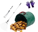 Garden Rake for Leaves with Telescoping Long Handle 33-63" & Adjustable Head 8-22" - Heavy Duty Metal Rake Kit with 16 Gallon Leaf Bag & Gloves, for Yard, Shrubs, Grass, Debris