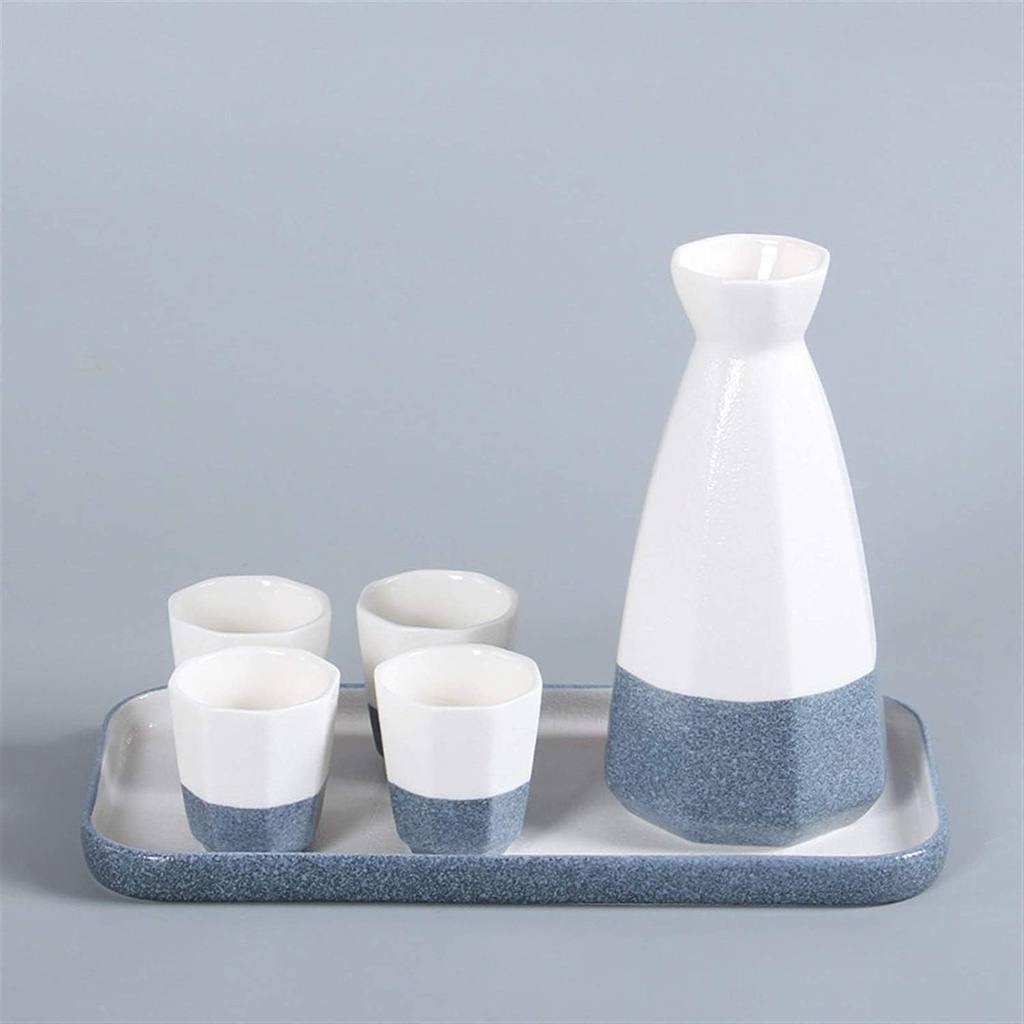 Sake Wine Set, Wine Glass,Snow Glaze Ceramic Sake Wine Sets 285Ml Jug Octagonal-Shaped 35Ml Cup with Tray Dispenser Bibar Drinkware Flask,Home Decor/D(A)