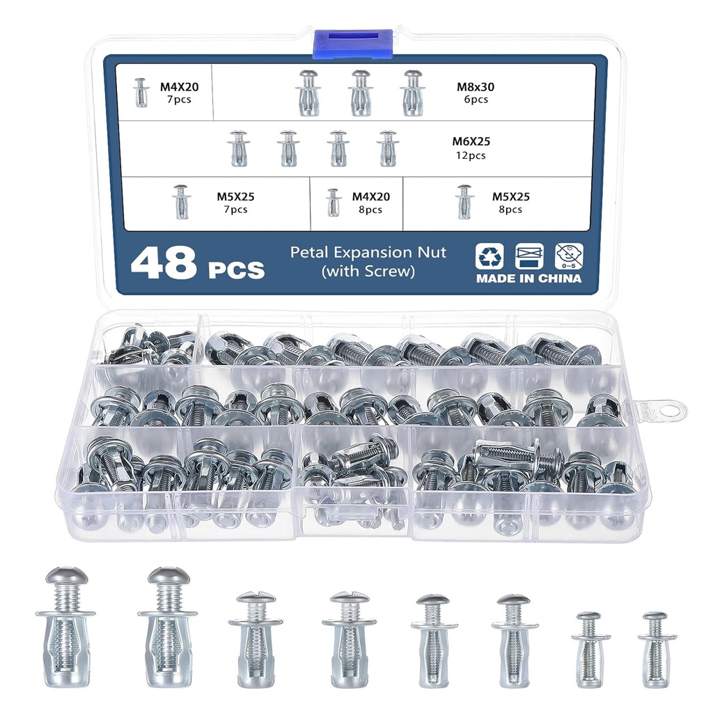 OCR 48PCS Jack Nuts Petal Nuts,M4,M5,M6,M8 Expansion Screw Petal Nut,Thins Fixings Dowels with Screws for Tin, Billboard, Cardboard, Aluminium Alloy