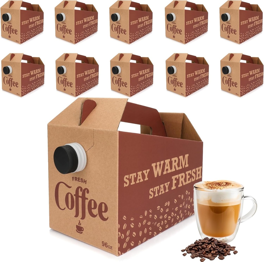 10 Pack Disposable Coffee Box Dispensers Coffee to Go Drink Containers Insulated Hot Beverage Dispenser coffee Carrier with Handle Beverage Server for Parties Catering Take Out (96 oz)