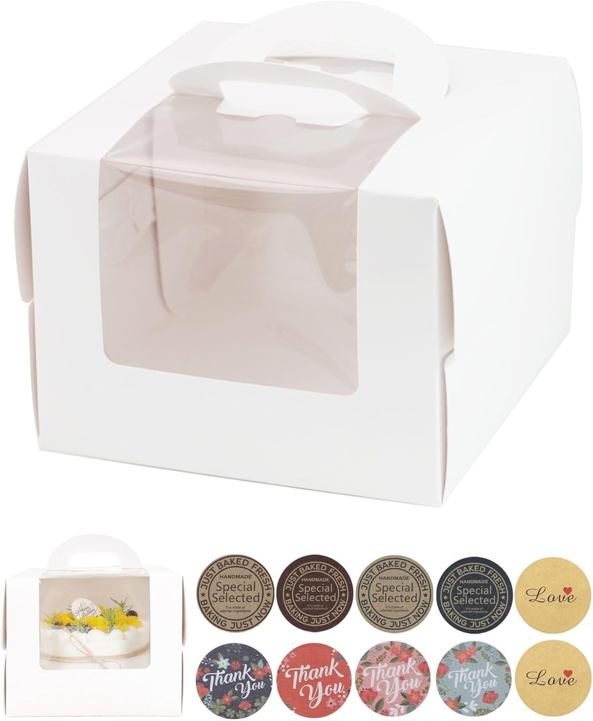 24pcs 8 inch cake boxes with cake boards,8x8x6.3inch(12 Boxes & 12Boards) cake box with handle bento,cupcake,pastries for Christmas,Birthday Party, Wedding（with stickers）