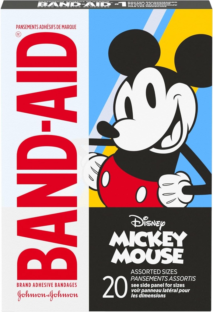 Band-Aid Brand Adhesive Bandages for Minor Cuts & Scrapes, Wound Care Featuring Disney's Mickey Mouse, Fun Bandages for Kids and Toddlers, Assorted Sizes, 20 Count