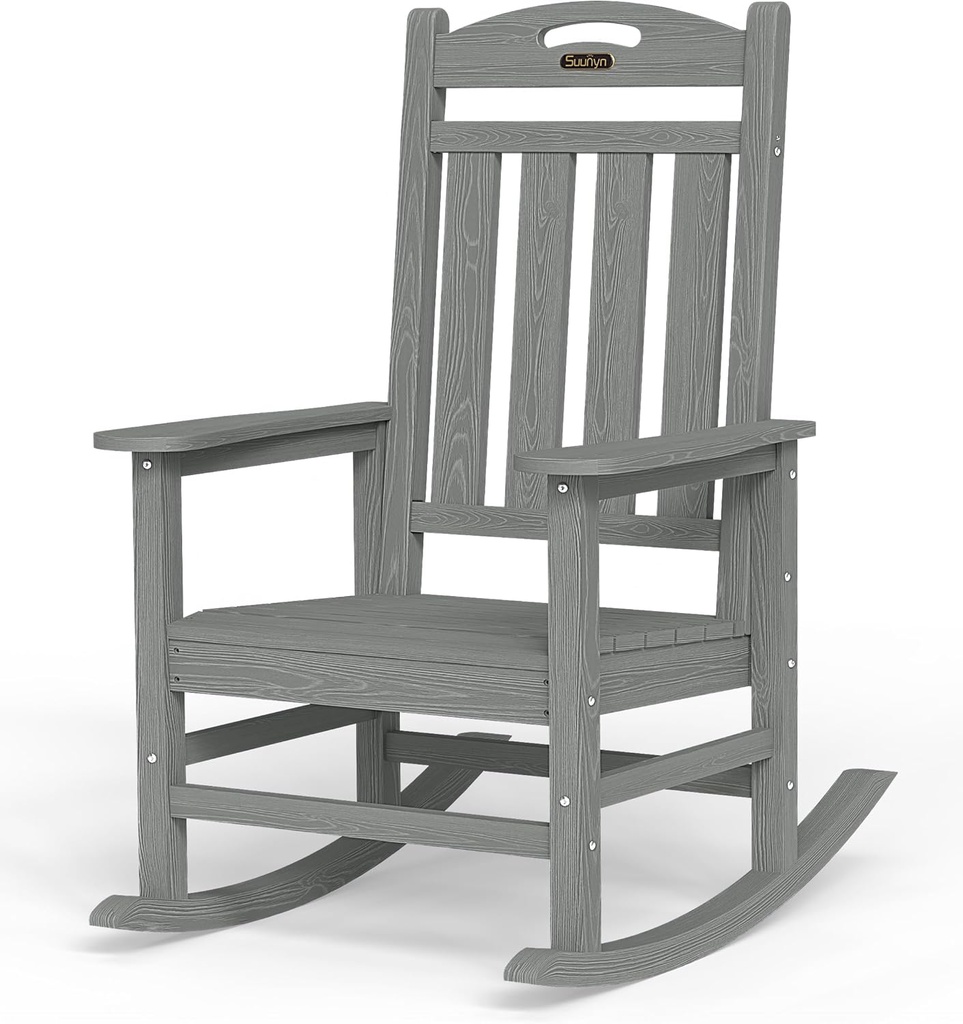 Oversized Outdoor Rocking Chair, High Back Porch Rocker Chair, HDPE All Weather Resistant Rocking Chairs for Patio, 380lbs Weight Capacity, Grey