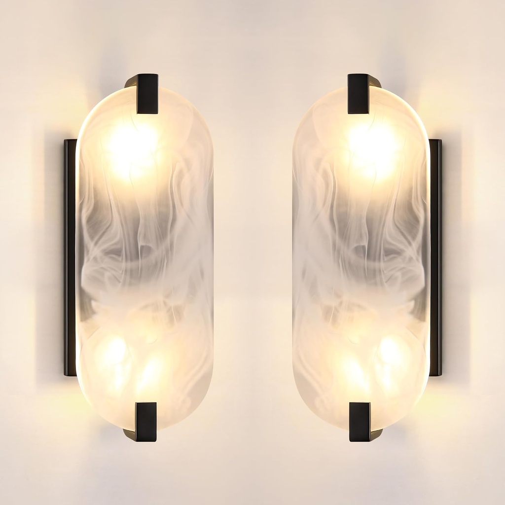 2 Pack 2 Light Oval Frosted Glass Bathroom Wall Sconce Modern Concise Style Wall Light Fixture,Black Finish for Bedroom Hallway Bedside