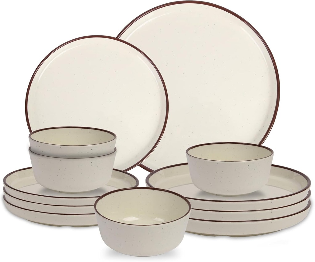 12-Piece Melamine Dinnerware Sets – Unbreakable Plates & Bowls Sets for Outdoor, Camping, Picnic, Party – Durable Dishware Sets, Lightweight & Shatterproof (Crystal Cream)