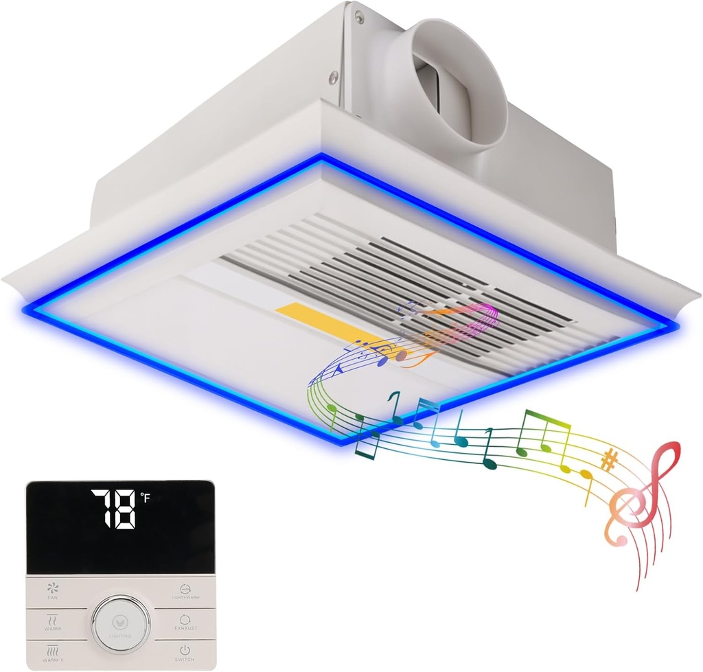 Bathroom Exhaust Fan with Bluetooth Speaker, Exhaust Fan with Light, With Heater and Light, 160 CFM 1.0 Sonar, 5 Color Temperatures, 1 Sensor Night Light, 1 Remote Control, Easy to Install