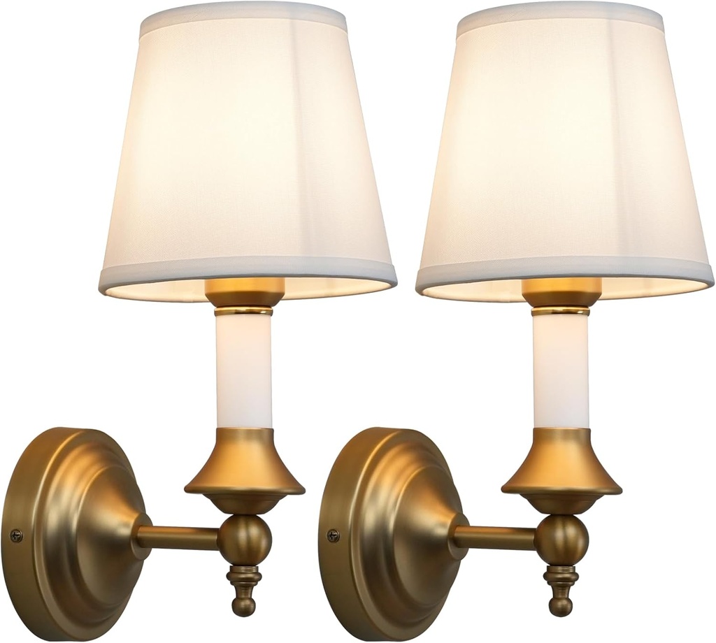Phansthy Hardwired Wall Sconces Set of 2, Modern Bathroom Vanity Sconces Wall Lighting with Fabric Shade Antique Gold Wall Lamps (White Shade, Hardwired (2 Pack))