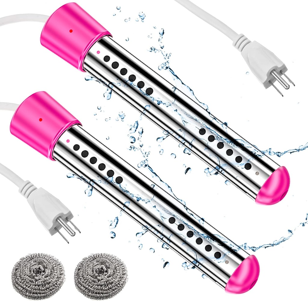 Treela 2 Pcs Immersion Water Heaters Portable Electric Submersible Pool/Hot Tub Heater with 304 SS for Bathtub, Bucket, Basin 5 Gallon Water in Minutes(Pink,1500W)