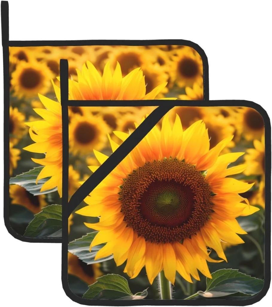 Square Heat Resistant Hot Pads Set of 2, Thick 8x8 Inch Kitchen Trivets, Sunflowers Pot Holders Sets, Non-Slip Pot Holders for Countertops, Oven, BBQ & Microwave with Hanging Loop & Storage Pocket