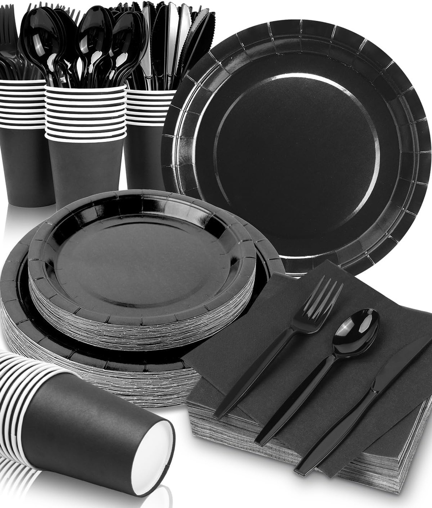Lzerking Black Party Supplies Set 224 Pieces of Black Paper Plates, Cups, Napkins, and Heavy Duty Plastic Spoons Forks Knives for 32 Guests for Birthday, Graduation, Wedding, Festivals