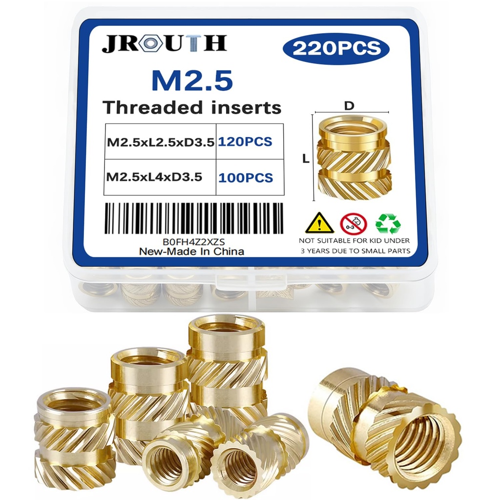 M2.5 Threaded Inserts for Plastic Heat Set Insert Brass Insert Assortment Kit for 3D Printing Injection Molding Press Thread Nuts - M2.5x2.5x3.5, M2.5x4x3.5(220Pcs)