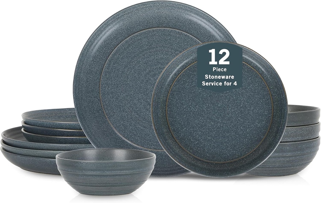 Stone Lain Elio 12-Piece Dinnerware Set Stoneware, Plates and Bowls Set, Dish Set for 4, Blue