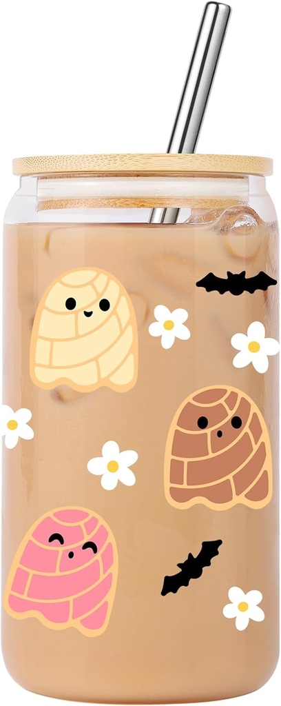 Spooky Conchas Iced Coffee Cup, 16oz Halloween Glass Cup with Lid and Straw, Conchas Ghost Coffee Tumbler, Mexican Pan Dulce Gifts, Boo Basket Stuffers for Women, Dia de Muertos