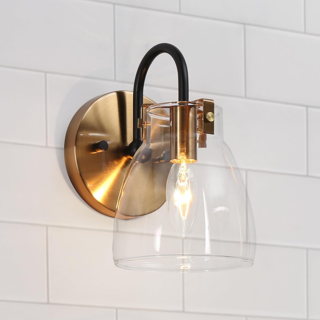 KSANA Black and Gold Wall Sconce, Modern 1-Light Bathroom Light Fixtures with Large Opening Clear Glass Shade and Electroplated Brass Finish for Bedroom, Living Room and Stairway