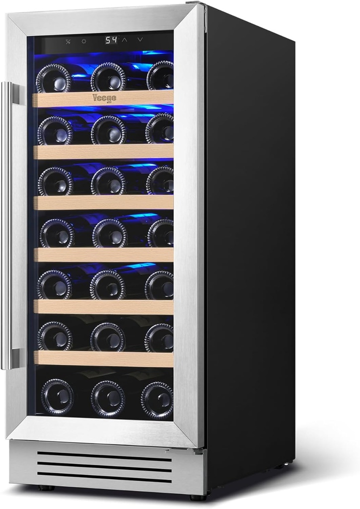 Yeego Wine Fridge Cooler - 15 Inch Wine Fridge Hold 33 Bottles, 40-65°F Wine Refrigerator Glass Door, Built in, Freestanding Under Counter Fridge for Beer Soda Drink Home Bar Office