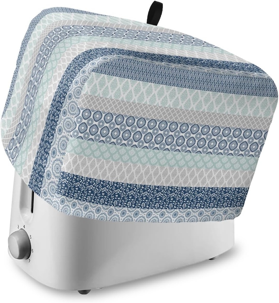 4 Slice Toaster Cover, Bread Machine Cover Boho Geometric Floral Stripe Ethnic Blue Grey Kitchen Appliance Dust Cover with Top Handle Fingerprint Protection Lightweight Kitchen Toaster Cover